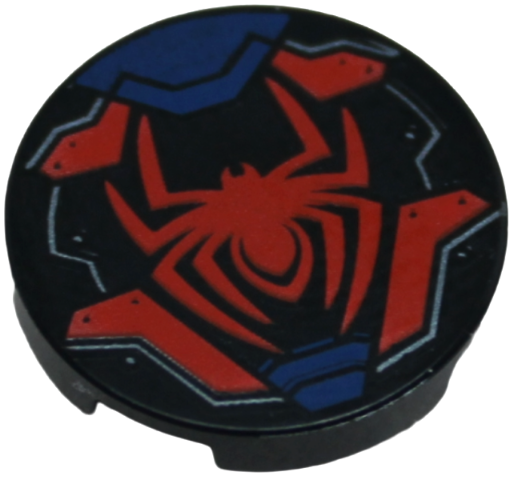 Lego Tile, Round 2 x 2 with Bottom Stud Holder with Spider, Dark Blue and Red Armor Plates, Dark Silver Outlines and Rivets Pattern / Black