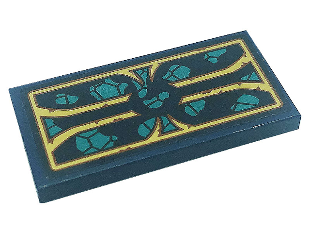 Lego Tile 2 x 4 with Dark Turquoise Patches, Gold Scrollwork and Reddish Brown Rust Pattern (Sticker) - Set 71755 / Dark Blue