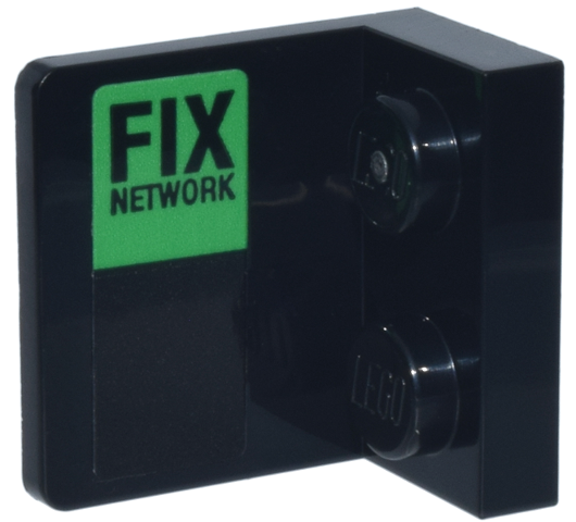 Lego Bracket 1 x 2 - 2 x 2 Inverted with 'FIX NETWORK' Logo on Bright Green Background Pattern Model Left Side (Sticker) - Set 77247 / Black