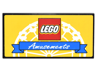 Lego Tile 2 x 4 with LEGO Logo and Blue Ribbon with White 'Amusements' on Yellow Background with White Ferris Wheel Pattern (Sticker) - Set 10244 / Black