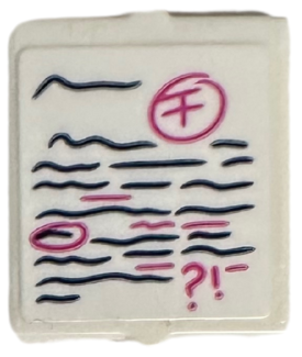 Lego Glass for Window 1 x 2 x 2 Flat Front with Marked Exam Paper with Dark Pink Letter F in Circle, '?!' and Dark Blue Writing Lines Pattern (Sticker) - Set 41740 / White