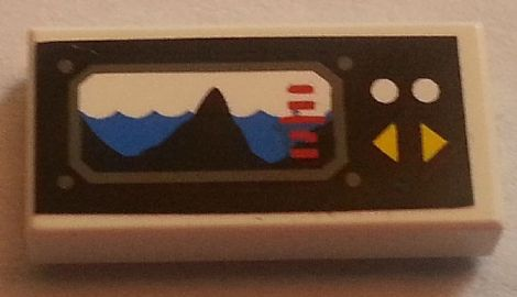 Lego Tile 1 x 2 with Black Mountain Rising out of Blue Waves Display with White and Yellow Buttons Pattern (Sticker) - Set 8480 / White