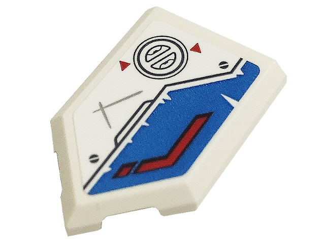 Lego Tile, Modified 2 x 3 Pentagonal with Black Screws, Silver Scratches, Red Arrows and Stripe on Dark Azure Background Pattern Model Right Side (Sticker) - Set 71738