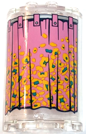 Lego Cylinder Half 2 x 4 x 5 with 1 x 2 Cutout with Dark Pink Curtain with Bright Light Orange and Dark Turquoise Flowers and Silver Rail Pattern (Sticker) - Set 41427 / Trans-Clear