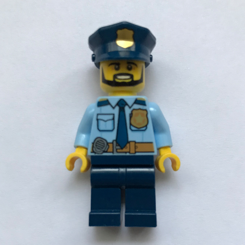 Lego Policeman Captain Ember, Bright Light Blue Shirt with Radio and Badge, Dark Blue Legs, Police Hat with Badge, Beard