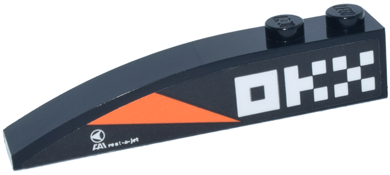 Lego Slope, Curved 6 x 1 with 2 Studs with White 'OKX' and 'FAI rent-a-jet' Logos and Orange Triangle Pattern Model Right Side (Sticker) - Set 77251