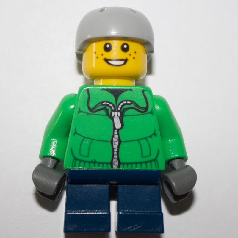 Lego Boy, Green Jacket, Short Dark Blue Legs, Light Bluish Gray Helmet