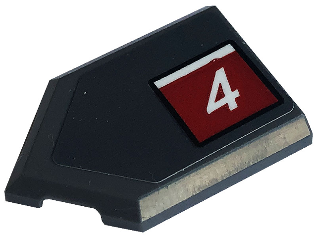 Lego Tile, Modified 2 x 3 Pentagonal with White Number 4 in Red Square Pattern Model Right Side (Sticker) - Set 76903 / Dark Bluish Gray
