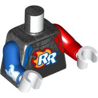 Lego Torso, Odd Arms, Race Jacket with Red and Blue Trim, Flaming 'RR' Print, Left Red Arm, Right Blue Arm, White Hands