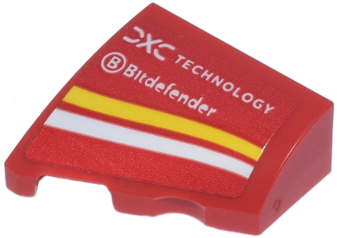 Lego Wedge 2 x 2 x 2/3 Left with White 'DXC TECHNOLOGY' and 'Bitdefender' Logo and Curved Yellow Stripe Pattern (Sticker) - Set 77242