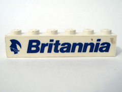 Lego Brick 1 x 6 with Blue 'Britannia' and Logo Pattern Model Left Side (Sticker) - Set 1599 / White