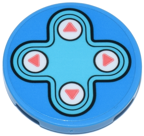 Lego Tile, Round 3 x 3 with Medium Azure Game Controller Pad with White and Coral Arrow Direction Buttons Pattern (Sticker) - Set 71490