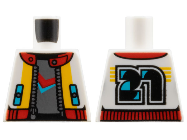 Lego Torso Jacket Open with Silver Zipper, Medium Azure Pockets, Bright Light Orange and Red Trim, and Stylized Black '21' on Back over Dark Bluish Gray Shirt Pattern / White