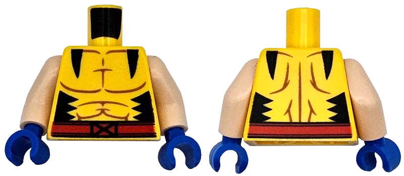 Lego Torso Super Hero Costume with Reddish Brown Muscles Outline, Black Jagged Panels, Red Belt with X-Men Logo Buckle Pattern / Light Nougat Arms / Blue Hands
