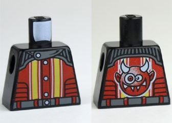 Lego Torso Racers with 5 Buttons, Yellow and White Stripes Front, Crazy Demon Back Pattern / Blue