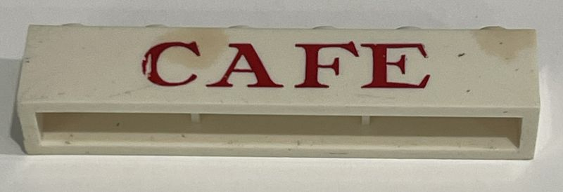 Lego Brick 1 x 6 without Bottom Tubes with Cross Side Supports with Red 'CAFE' Serif Pattern / White