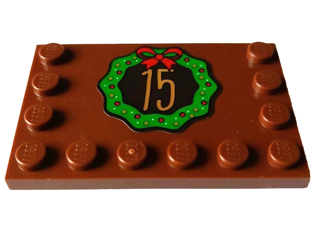 Lego Tile, Modified 4 x 6 with Studs on Edges with Medium Nougat Number 15 in Green Christmas Wreath with Bow and Red, Gold and White Dots Pattern (Sticker) - Set 4002023 / Reddish Brown