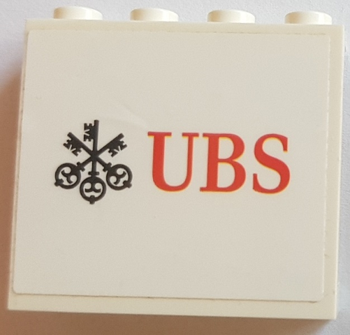 Lego Panel 1 x 4 x 3 with Side Supports - Hollow Studs with Black and Red UBS Logo Pattern (Sticker) - Set 75883 / White