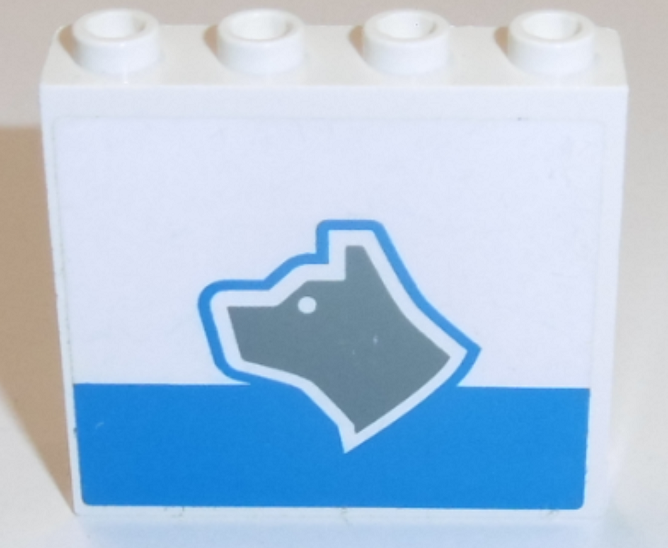 Lego Panel 1 x 4 x 3 - Hollow Studs with Dark Gray Dog Head Facing Left and Blue Stripe Pattern (Sticker) - Set 7744