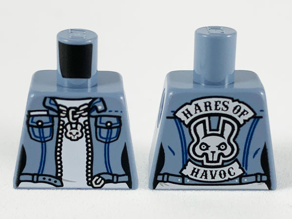 Lego Torso Female Denim Jacket and Silver Zipper and Chain with Rabbit Pendant, 'HARES OF HAVOC' on Back Pattern / Sand Blue