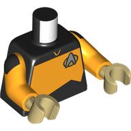 Lego Torso, Silver Starfleet Insignia, Bright Light Orange Panel (Starfleet Uniform) Print, Bright Light Orange Arms, Tan Hands