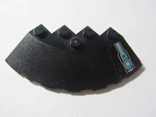 Lego Brick, Round Corner 6 x 6 with Slope 33 Edge, Facet Cutout with Ultrasonic Circle with Silver and Medium Azure Pattern Model Right Side (Sticker) - Set 70171