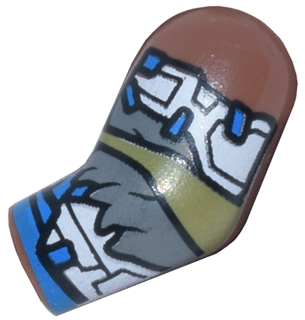 Lego Arm, Left with White Armor Plates, Dark Bluish Gray Fur Trim, Olive Green and Blue Wrappings Pattern / Medium Brown