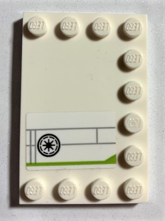 Lego Tile, Modified 4 x 6 with Studs on Edges with SW Galactic Republic Logo, Lime Stripe, Light Bluish Gray Lines Pattern Model Left Side (Sticker) - Set 75191 / White