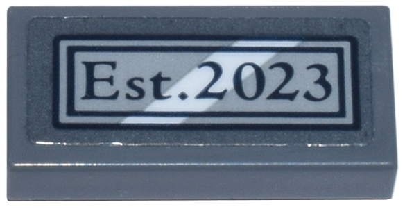 Lego Tile 1 x 2 with Black and Light Bluish Gray Plaque with White Diagonal Stripe and 'Est. 2023' Pattern (Sticker) - Set 42670