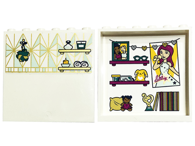 Lego Panel 1 x 6 x 5 with Gold and Light Aqua Tiles and Shelves on Outside and Friends Minifigure 'Livi' Poster, Picture and Vinyl Records on Inside Pattern (Stickers) - Set 41449 / White
