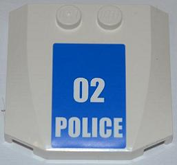 Lego Wedge 4 x 4 x 2/3 Triple Curved with White '02 POLICE' Small Numbers on Blue Background Pattern (Sticker) - Set 7498