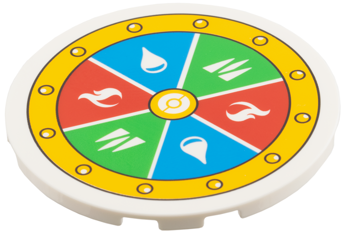 Lego Tile, Round 6 x 6 with Selection Wheel, Bright Light Orange Circle Border, Green Grass, Red Fire, Blue Water Type Sections Pattern