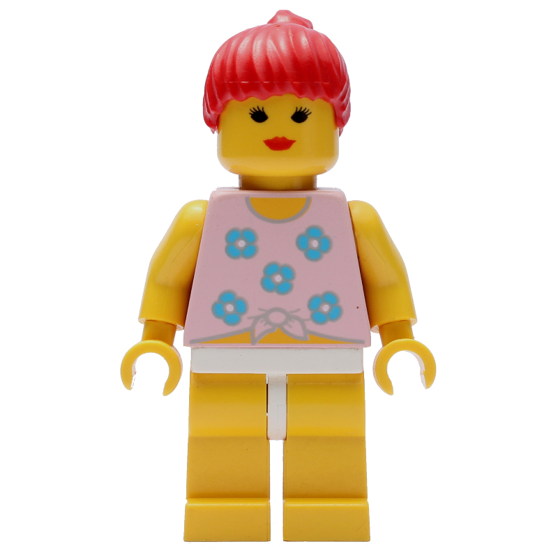 Lego Woman, Tied Pink Tank Top with Flowers, Yellow Legs, Red Hair