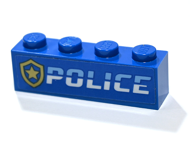 Lego Brick 1 x 4 with Bright Light Blue and White 'POLICE' and Gold Star Badge Pattern (Sticker) - Set 60246 / Blue