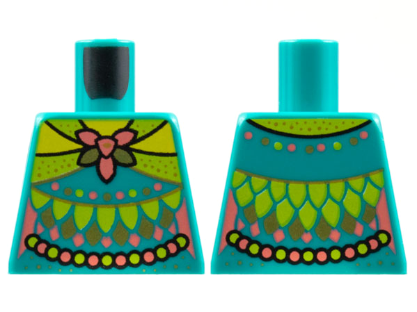 Lego Torso Female Lime Collar, Coral and Gold Flower, Lime and Gold Petals, Pearl Sash Pattern / Dark Turquoise