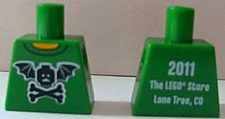 Lego Torso Black Bat Minifigure Head with Wings and Crossbones, Yellow Neck, '2011 The LEGO Store Lone Tree, CO' on Back Pattern / Green