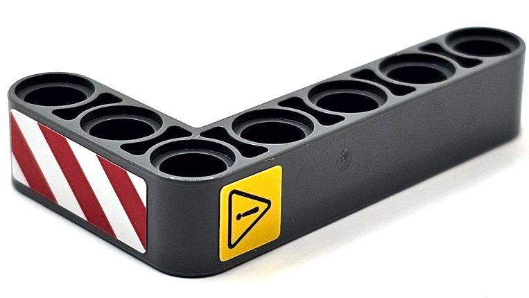 Lego Technic, Liftarm, Modified Bent Thick L-Shape 3 x 5 with Red and White Danger Stripes and Black Exclamation Mark in Danger Triangle Pattern Model Left Side (Stickers) - Set 42080 / Dark Bluish Gray