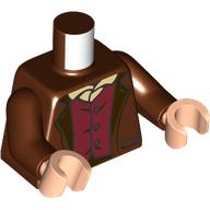 Lego Torso Jacket, Dark Red Shirt, Bright Light Yellow Undershirt print, Reddish Brown Arms, Light Nougat Hands / Reddish Brown