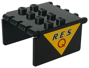 Lego Windscreen 4 x 4 x 2 Canopy Extender with Black 'R.E.S.' and Red 'Q' on Yellow Triangle Pattern on Both Sides (Stickers) - Set 6445 / Black