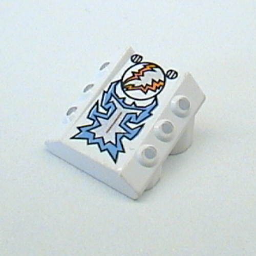 Lego Brick Sloped 2 x 2 No Studs, with 3 Side Pistons Raised Edges and Freeze Blue/Silver/Orange Print / White
