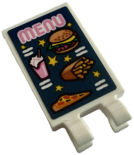Lego Tile, Modified 2 x 3 with 2 Open O Clips with Bright Pink 'MENU', Hamburger, Drink, Fries, and Pizza Slice on Dark Blue Background Pattern (Sticker) - Set 40687