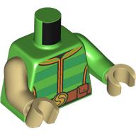Lego Torso, Green/Bright Green Striped Sweater, Gold Trim, Belt Buckles, Nougat Belt print, Tan Arms and Hand / Bright Green