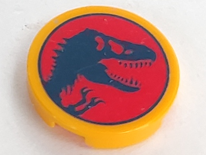 Lego Tile, Round 2 x 2 with Bottom Stud Holder with Jurassic World Logo, Dark Blue Dinosaur Skull Silhouette on Red Background Pattern