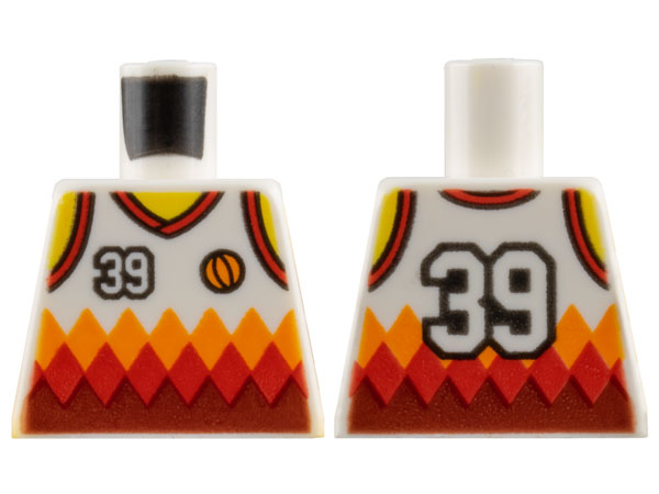 Lego Torso Basketball Jersey Tank Top with '39' and Orange and Red Diamonds, Yellow Neck and Shoulders, Back Print Pattern / White