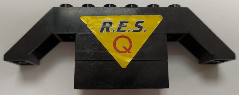 Lego Stickered Assembly 10 x 2 x 3 with Black 'R.E.S.' and Red 'Q' (Res-Q) on Yellow Triangle Pattern (Sticker) - Set 6479
