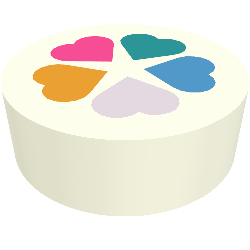 Lego Tile Round 1 x 1 with Lavender/Dark Turquoise/Bright Light Orange/Dark Azure/Dark Pink Hearts Print / White