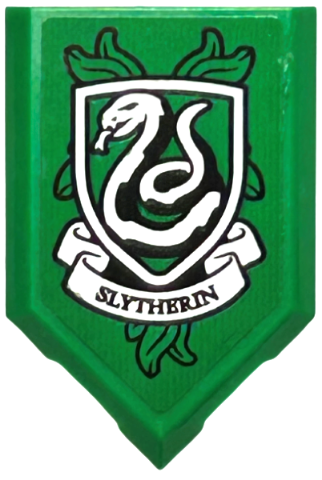 Lego Tile, Modified 2 x 3 Pentagonal with HP 'SLYTHERIN' House Crest Pattern (Sticker) - Set 76416 / Green