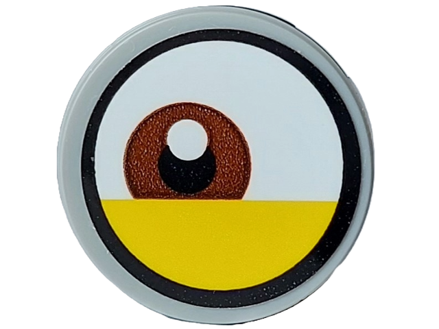 Lego Tile, Round 2 x 2 with Bottom Stud Holder with White Eye with Off-Center Reddish Brown Iris and Partially Closed Yellow Eyelid Pattern 2 (Sticker) - Set 75582