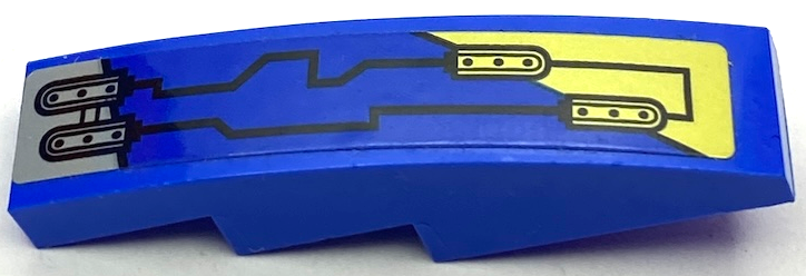 Lego Slope, Curved 4 x 1 with Gold and Light Bluish Gray Armor Plates and Black Circuitry Pattern Model Left Side (Sticker) - Set 71699 / Blue