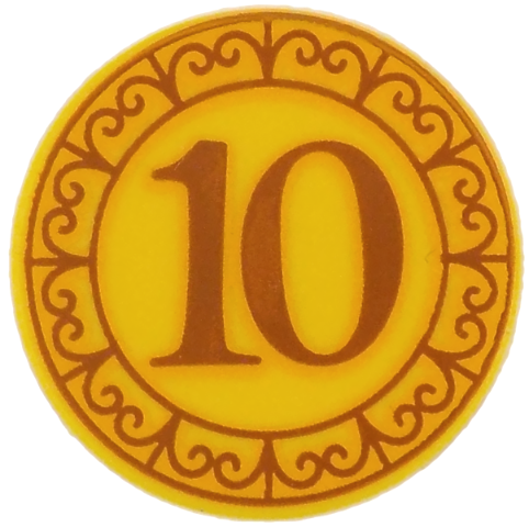 Lego Tile, Round 2 x 2 with Bottom Stud Holder with Coin with Dark Orange and Bright Light Orange '10' and Border with Filigree Pattern